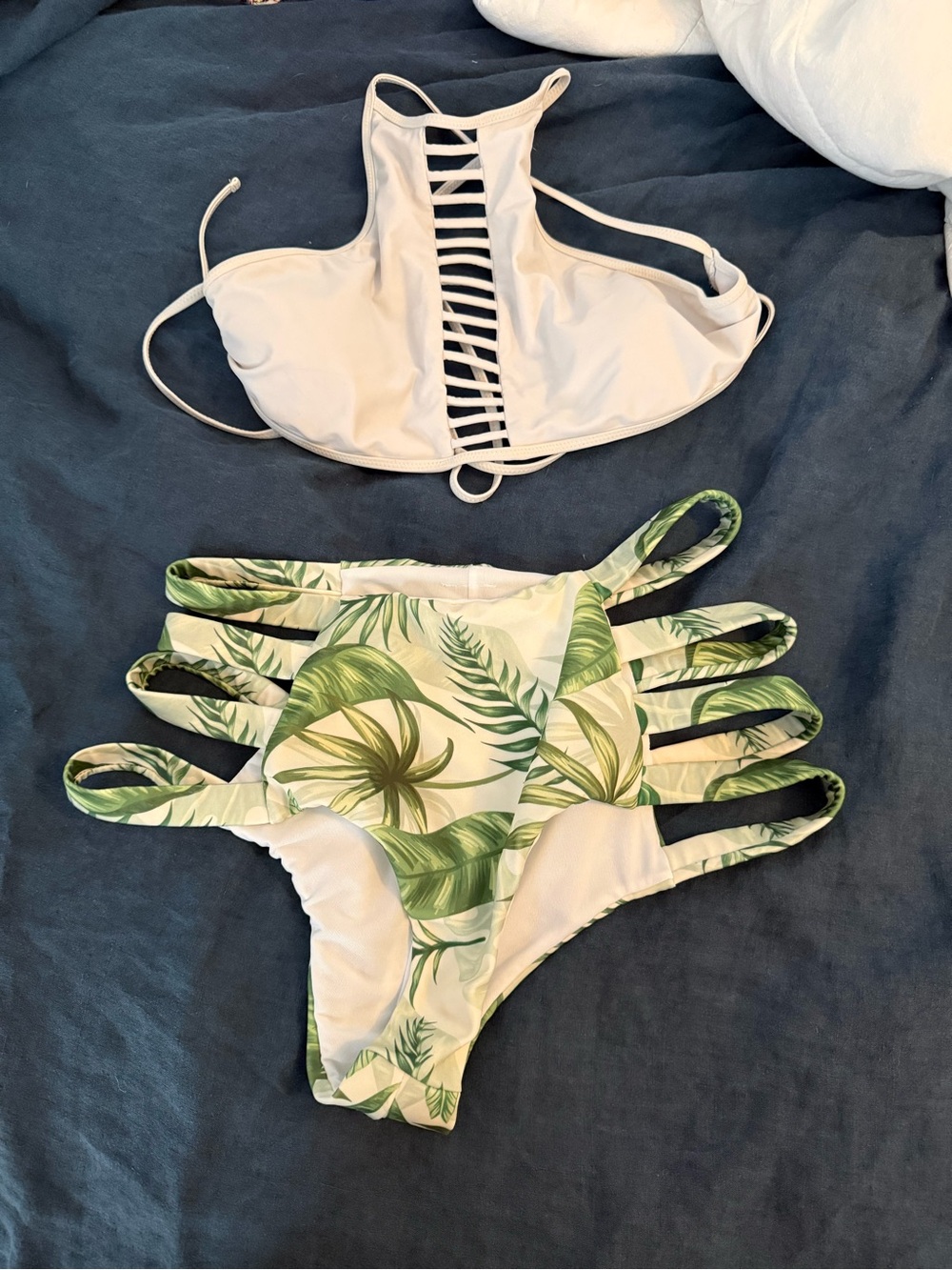 Raisins White Strappy Bikini Set with Tropical Leaf Accents
